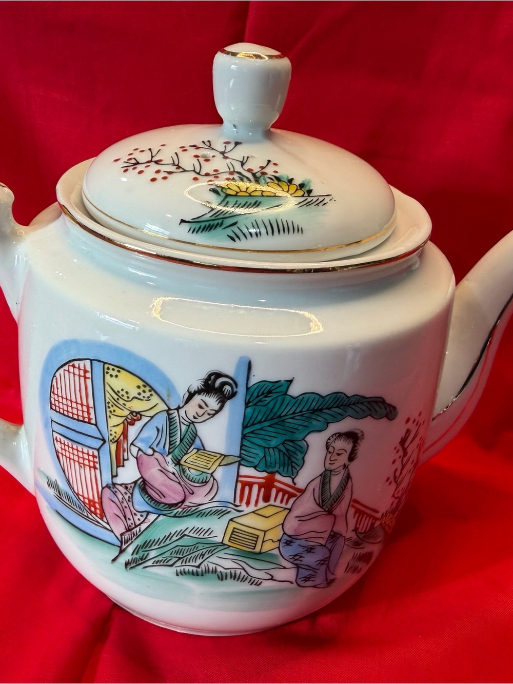 Porcelain Decorative Teapot with Hand-Painted Oriental Scene - White